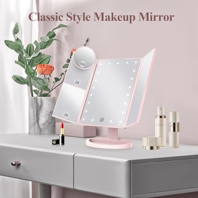HUONUL Makeup Mirror Vanity with Lights, 2X 3X 10X Magnification, Lighted Mirror, Touch Control, Trifold Dual Power Supply, Portable LED Women Gift (Pink) - Image 5