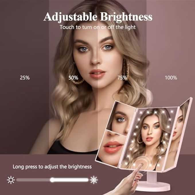 HUONUL Makeup Mirror Vanity with Lights, 2X 3X 10X Magnification, Lighted Mirror, Touch Control, Trifold Dual Power Supply, Portable LED Women Gift (Pink) - Image 3