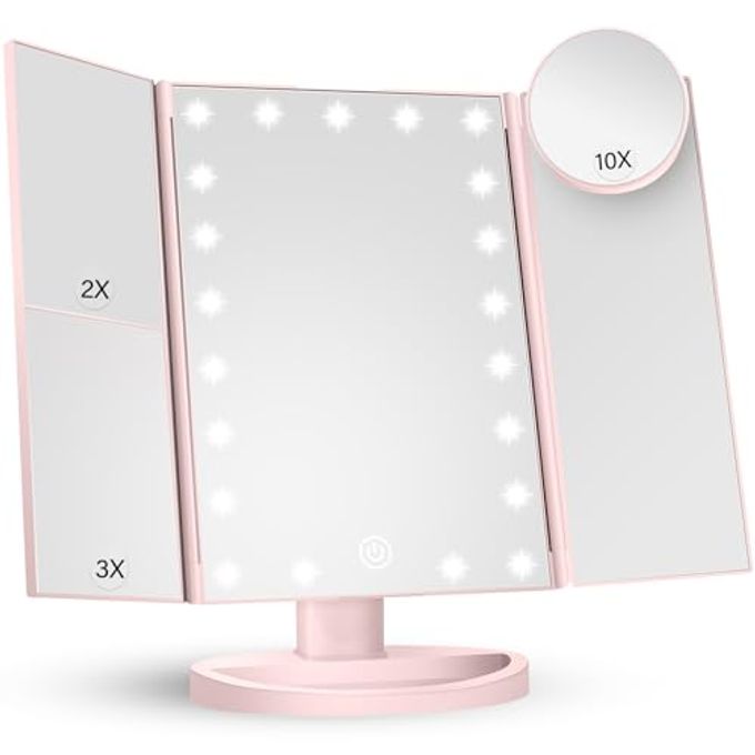 HUONUL Makeup Mirror Vanity with Lights, 2X 3X 10X Magnification, Lighted Mirror, Touch Control, Trifold Dual Power Supply, Portable LED Women Gift (Pink) - Image 1