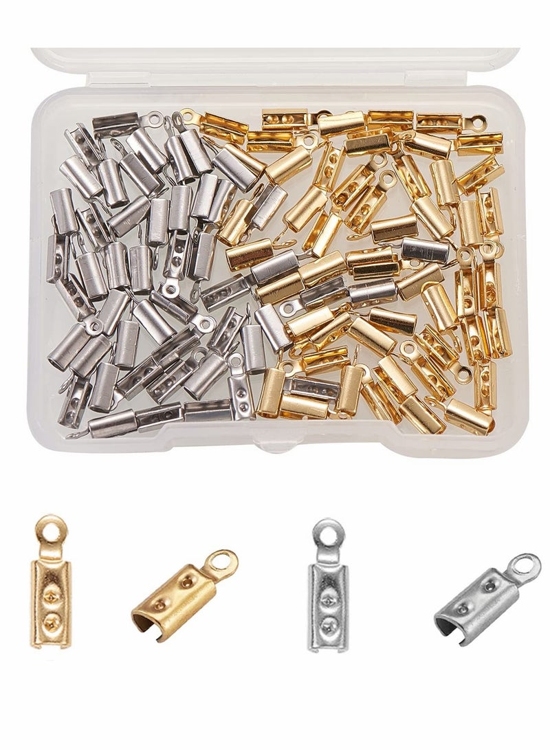 Excefore Folding Crimp Ends 100Pcs 2 Colors 304 Stainless Steel Fold Over Cord Ends for Cord Tassel Leather Ribbon Necklace Jewelry Accessories - Image 1
