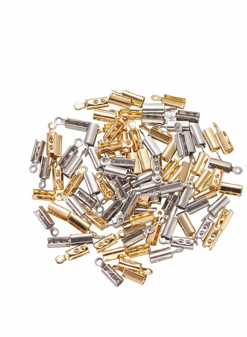 Excefore Folding Crimp Ends 100Pcs 2 Colors 304 Stainless Steel Fold Over Cord Ends for Cord Tassel Leather Ribbon Necklace Jewelry Accessories - Image 4
