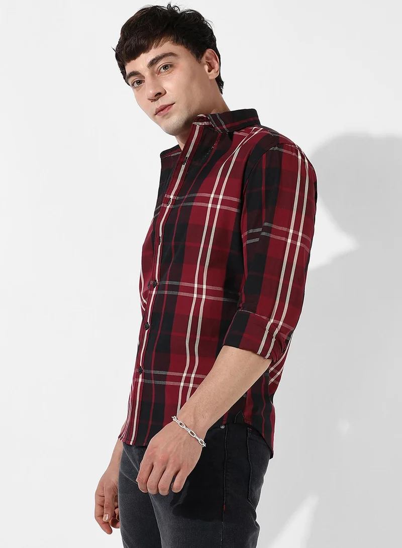 Campus Sutra Campus Sutra Men's Plaid Red Button Up Regular Fit Shirt For Casual Wear | Cotton Spread Collar Shirt Crafted With Regular Sleeve, Comfort Fit & High-Performance For Everyday Wear
