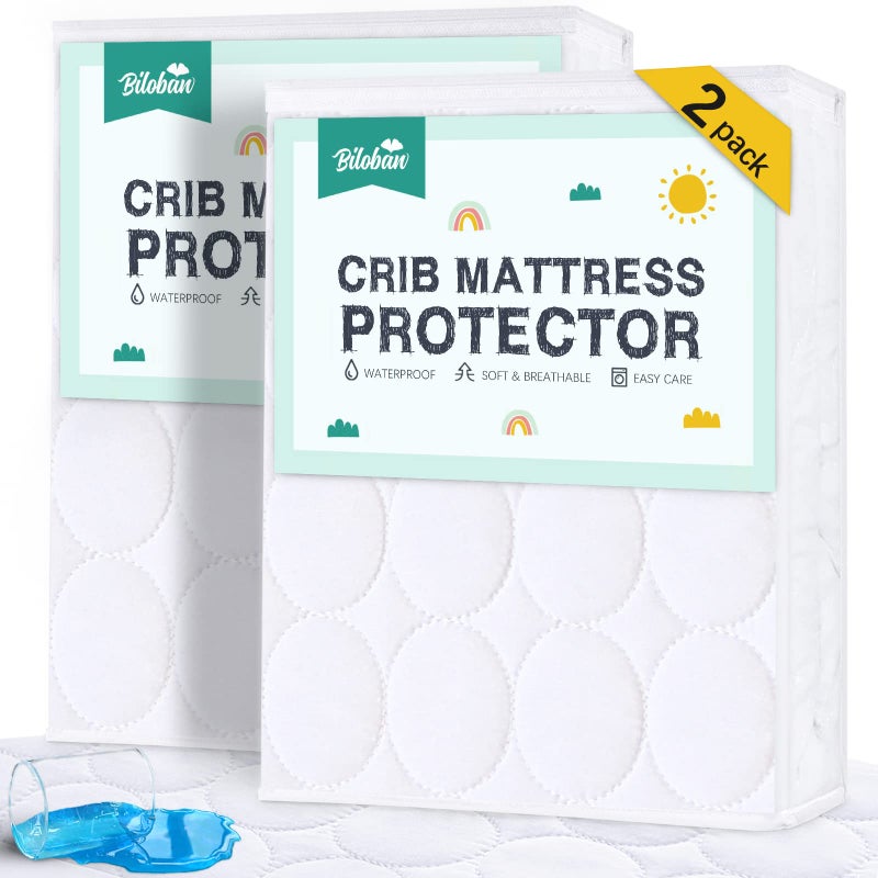 Biloban Crib Mattress Protector Sheets Waterproof 2 Pack, Quilted Crib Mattress Pad Cover Fitted Fits for Toddler Bed Mattress, White, 52” x 28” - Image 1