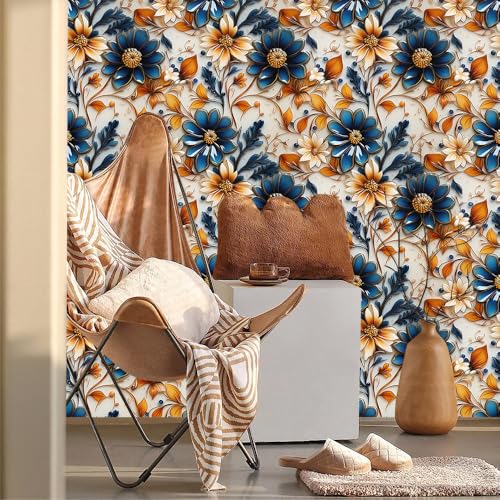 MuralPeel Vintage Boho Brown Glass Floral Dark NavyYellow Abstract Art Modern Peel and Stick Wallpaper Self Adhesive Removable Easy Peel Off Stick on Wall for Bedroom Cabinet Renter - Image 3