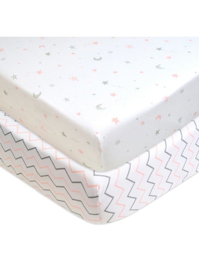 American Baby Company 2 Pack Fitted Crib Sheets 28" x 52", Soft Breathable Neutral 100% Cotton Jersey Sheet, Pink Stars/Zigzag, for Boys and Girls, Fits Crib and Toddler Bed mattresses  - Image 1