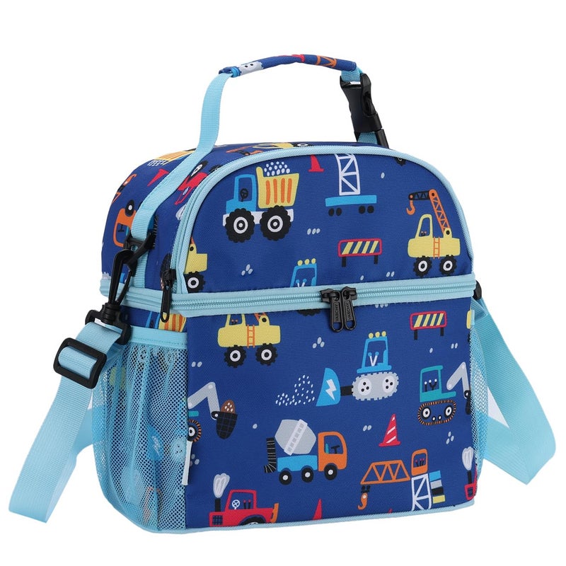 VASCHY Lunch Box Bag for Kids Insulated Double Compartments Cooler Lunch Tote for Toddlers Boys SchoolDaycarePicnic Blue Vehicles