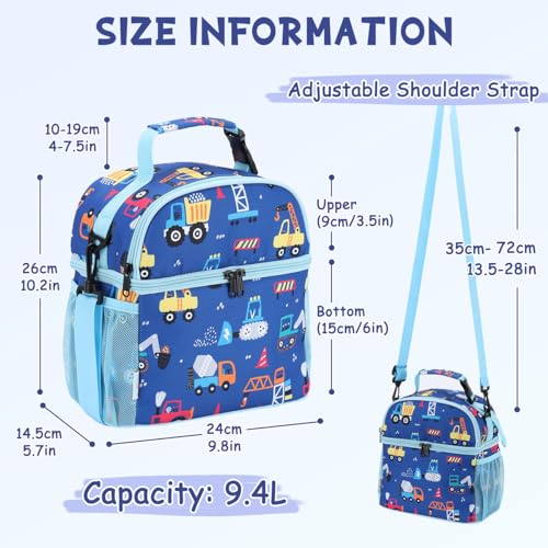 VASCHY Lunch Box Bag for Kids Insulated Double Compartments Cooler Lunch Tote for Toddlers Boys SchoolDaycarePicnic Blue Vehicles - Image 3