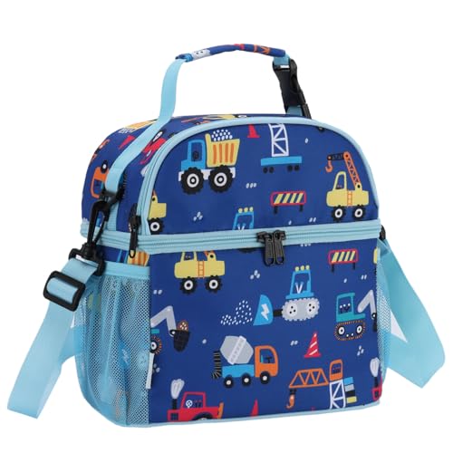 VASCHY Lunch Box Bag for Kids Insulated Double Compartments Cooler Lunch Tote for Toddlers Boys SchoolDaycarePicnic Blue Vehicles - Image 1
