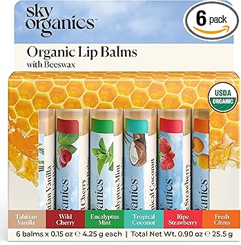 Sky Organics Organic Beeswax Lip Balms for Lips USDA Certified Organic Six Assorted Flavors to Moisturize Soothe Soften 6pk - Image 1