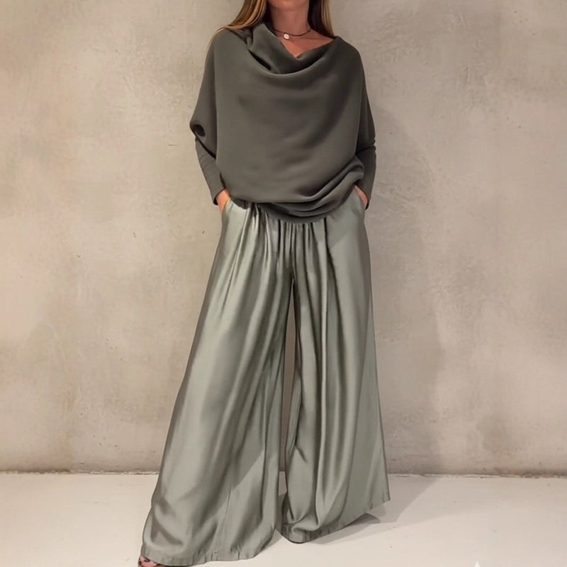 Satin Wide-Leg Pants New Style Elegant 2026 Two-Piece Set Off-Shoulder Top Spring - Image 2