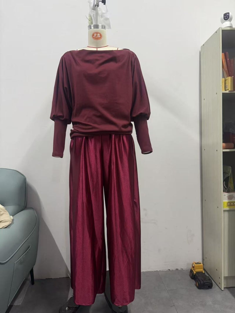 Satin Wide-Leg Pants New Style Elegant 2026 Two-Piece Set Off-Shoulder Top Spring - Image 1