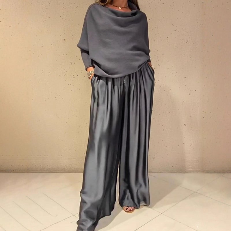Satin Wide-Leg Pants New Style Elegant 2026 Two-Piece Set Off-Shoulder Top Spring - Image 3