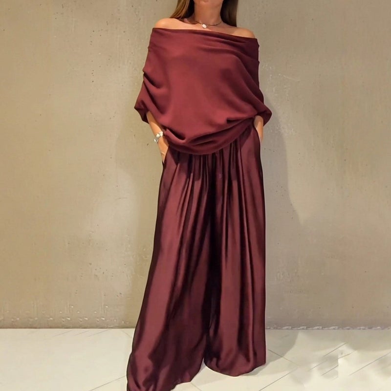 Satin Wide-Leg Pants New Style Elegant 2026 Two-Piece Set Off-Shoulder Top Spring - Image 4