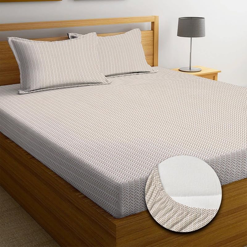 NEW LEAF Premium Cotton 210 tc Elastic Fitted Bedsheets with 2 Pillow Covers | Double/King Bed with All Around Elastic Wrinklefree Supersoft Breathable |Size-78 x72+8 inches |Texture, Off White - Image 1