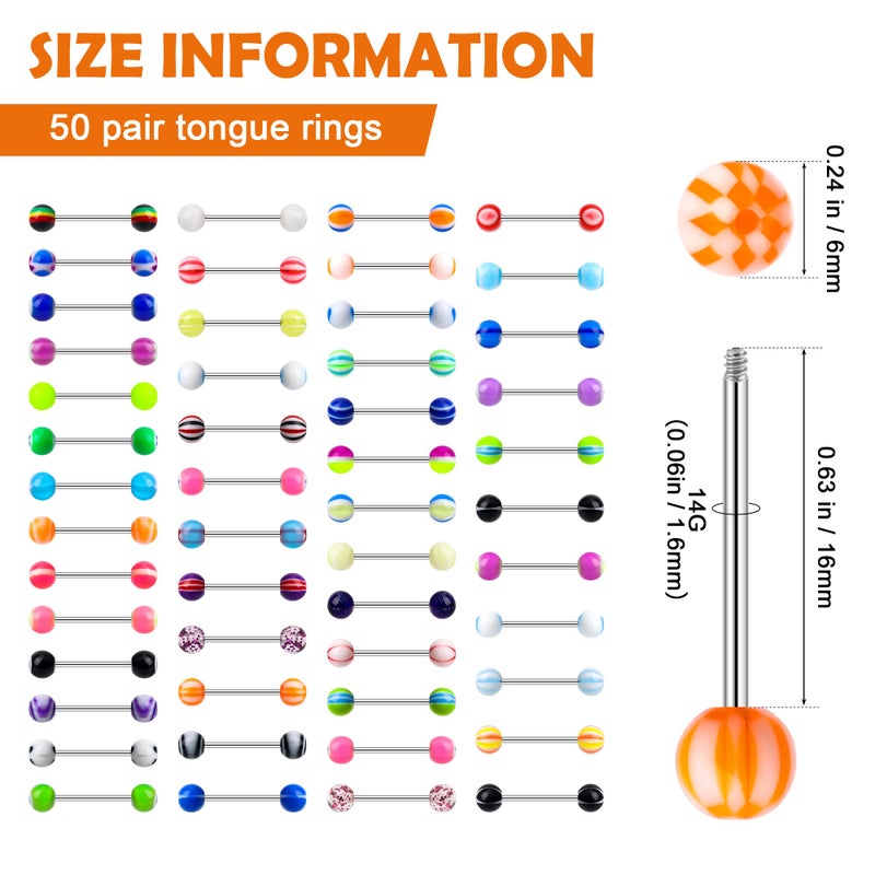 CrazyPiercing 50 Pairs Tongue Rings 14G Assorted Acrylic Tong Ring Straight Stainless Steel Barbell Body Piercing Jewelry for Women Man - Image 2