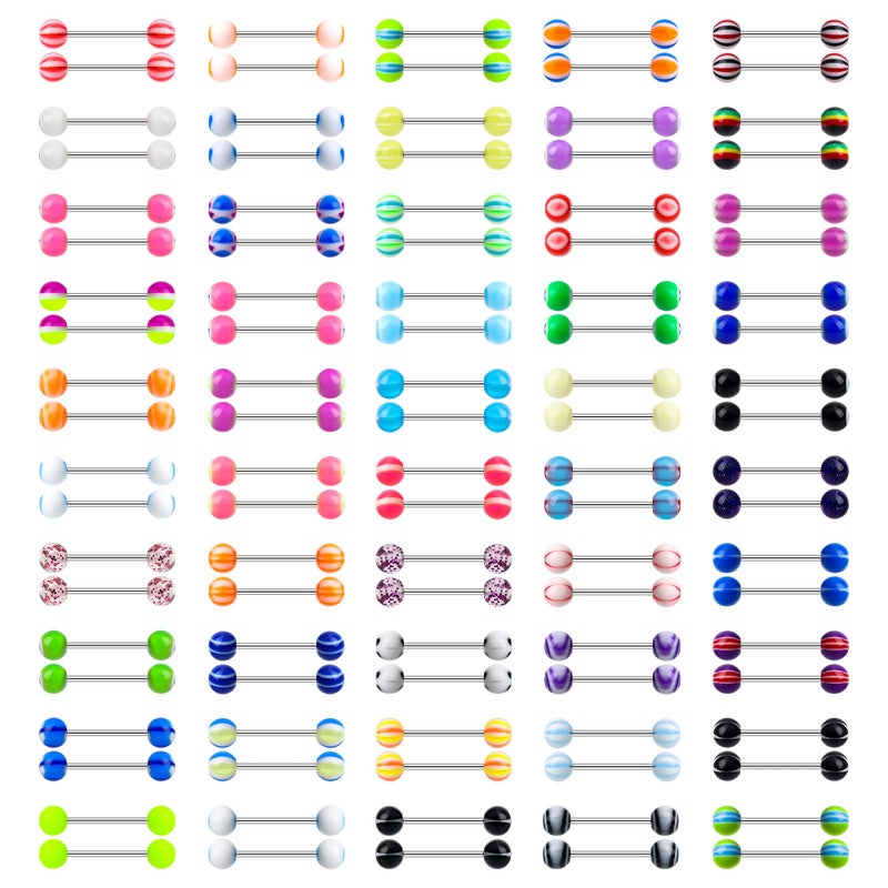 CrazyPiercing 50 Pairs Tongue Rings 14G Assorted Acrylic Tong Ring Straight Stainless Steel Barbell Body Piercing Jewelry for Women Man - Image 1