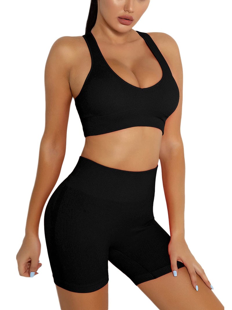 DADAB Workout Set Workout Outfits for Women 2 Piece Ribbed Seamless Crop Tank and Seamless Leggings Yoga Gym Activewear Sets (Hot Pink-LONG, Small) - Image 1
