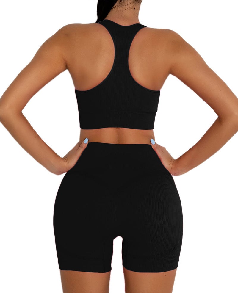 DADAB Workout Set Workout Outfits for Women 2 Piece Ribbed Seamless Crop Tank and Seamless Leggings Yoga Gym Activewear Sets (Hot Pink-LONG, Small) - Image 2