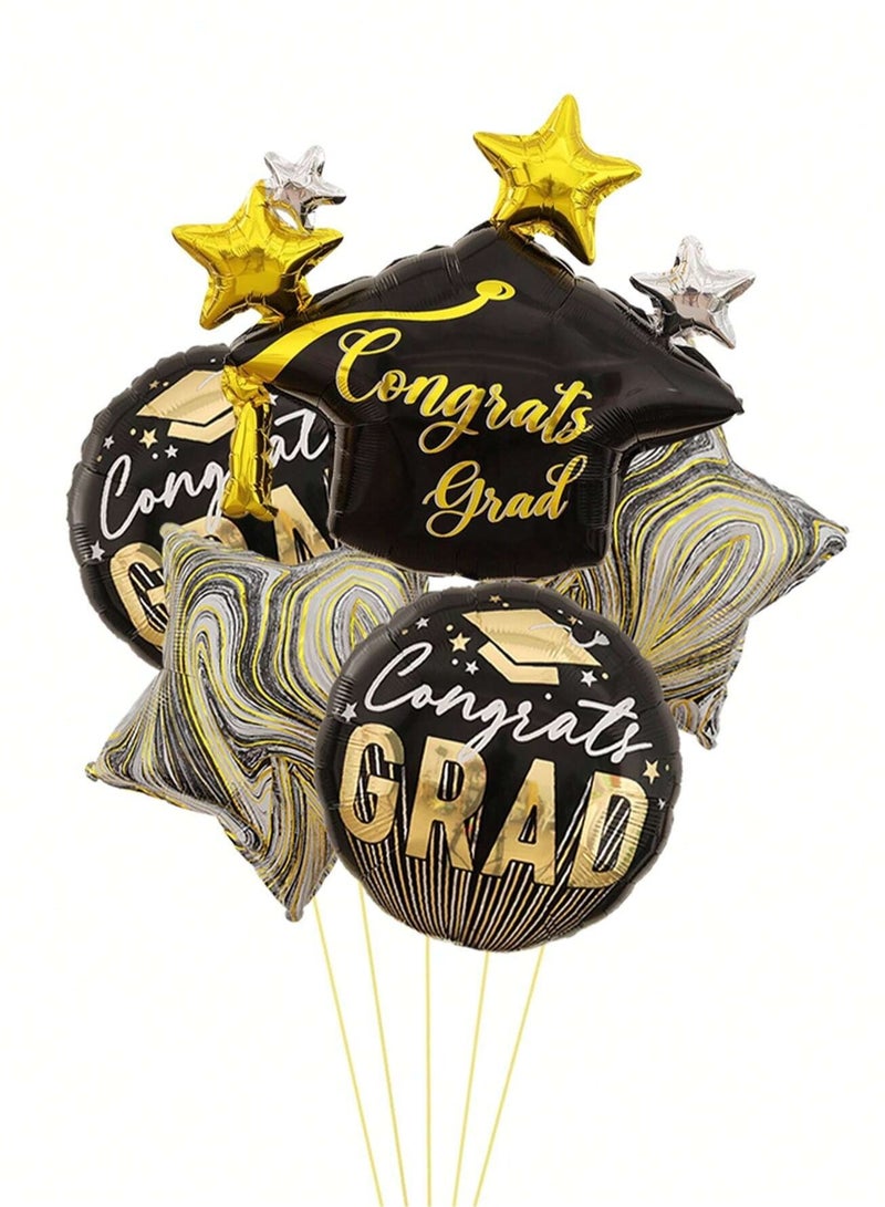 Graduation Decorations Graduation Balloons Set of 6 pieces containing gold and black balloons with graduation cap designs, congratulations balloon, and gold ribbon - Image 1