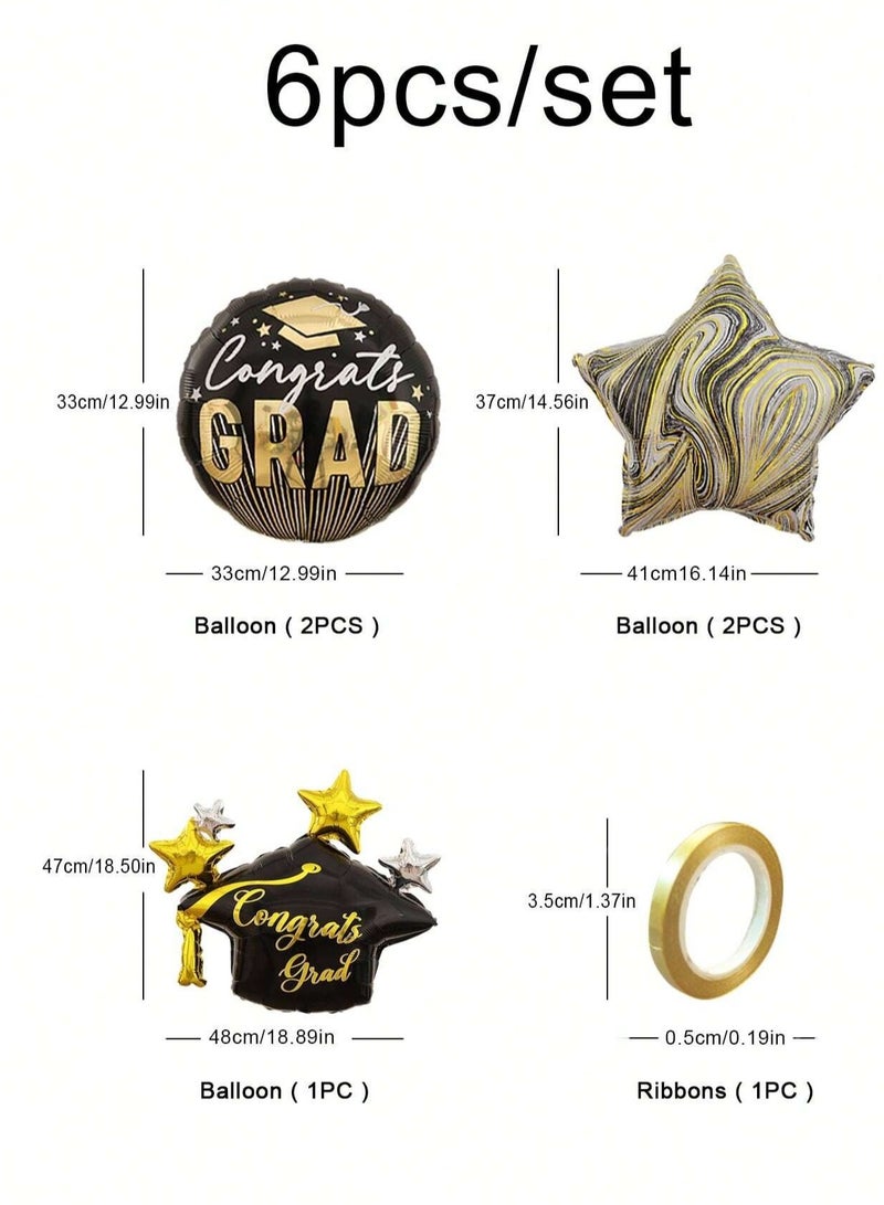 Graduation Decorations Graduation Balloons Set of 6 pieces containing gold and black balloons with graduation cap designs, congratulations balloon, and gold ribbon - Image 2