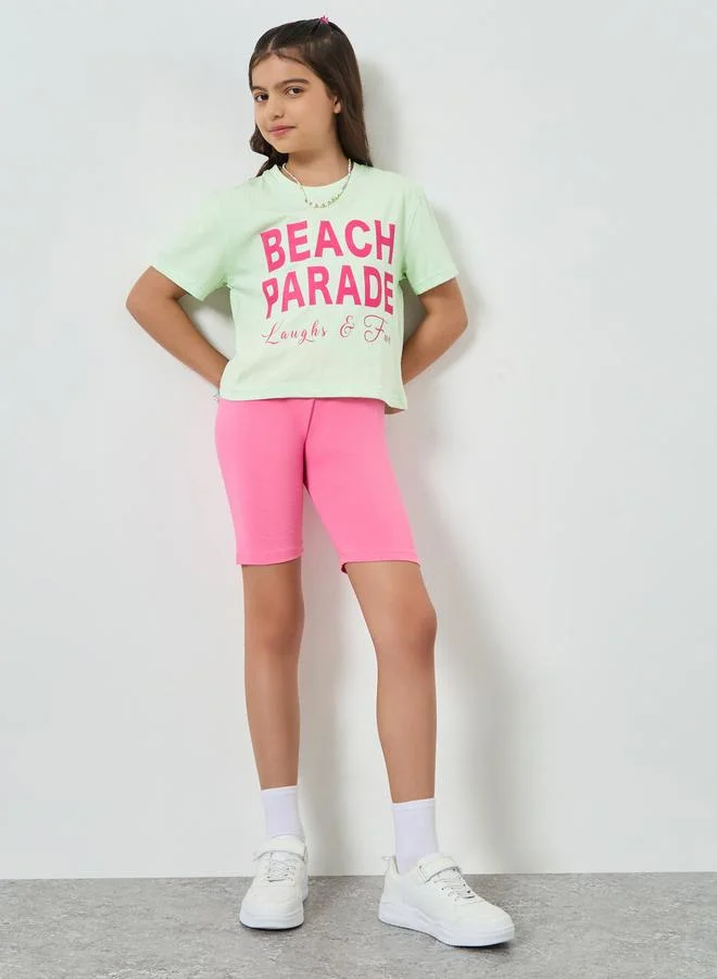 Styli Girls Slogan Print Dropped Shoulder Crop T-Shirt