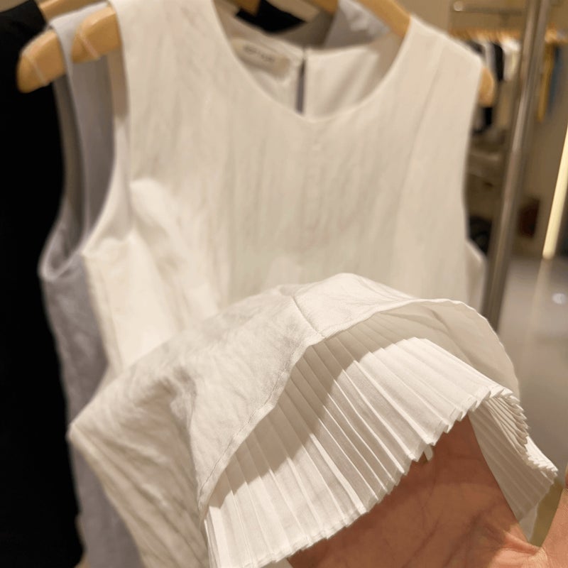 2026 Spring/Summer Fashionable And Elegant Hem Patchwork Mesh Babydoll Top, Age-Reducing Solid Color Sleeveless Shirt Top - Image 4