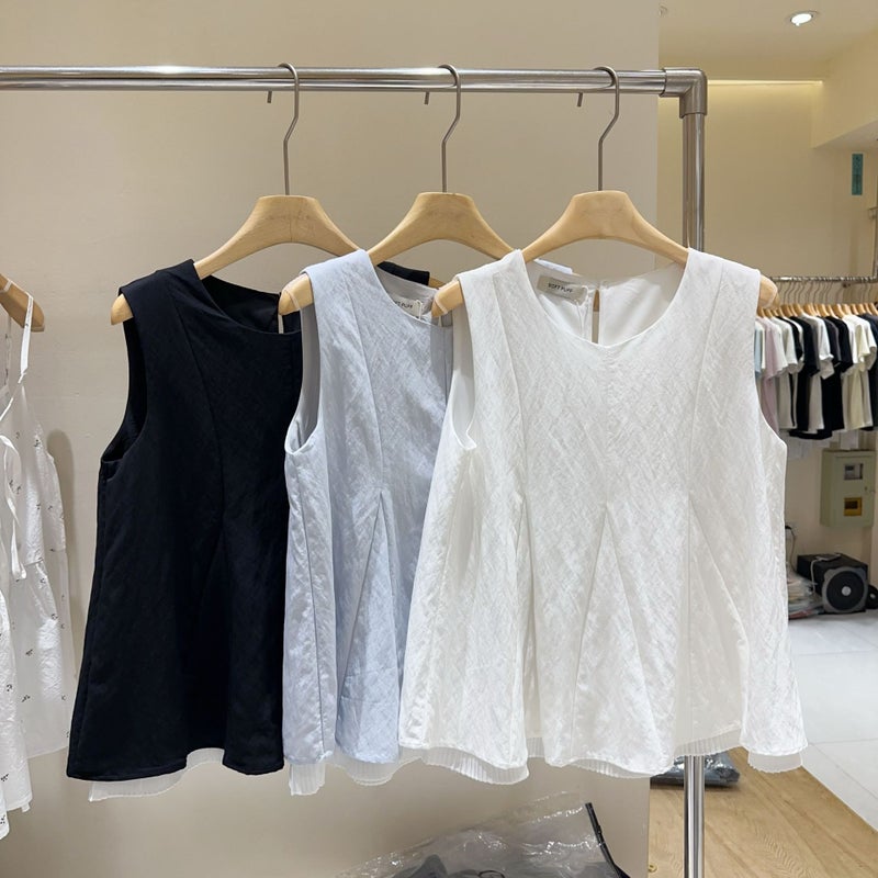 2026 Spring/Summer Fashionable And Elegant Hem Patchwork Mesh Babydoll Top, Age-Reducing Solid Color Sleeveless Shirt Top - Image 1