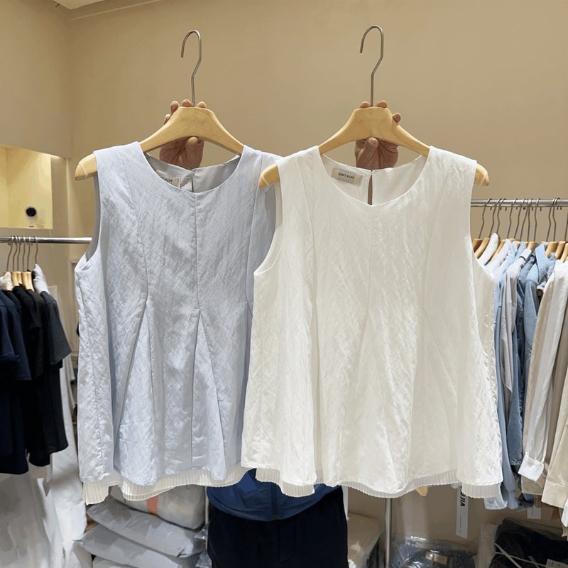 2026 Spring/Summer Fashionable And Elegant Hem Patchwork Mesh Babydoll Top, Age-Reducing Solid Color Sleeveless Shirt Top - Image 2