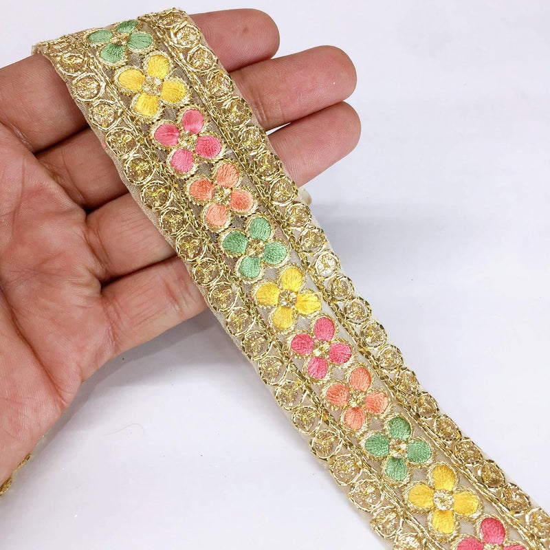 Lami - 9 Mts. Multi Resham Embroidery Border & Gold Cord Work, Designer Saree Lace, Embroidery On Tissue Fabric, Bridal Lehenga, Saree Dupatta, Suit, Anarkali Border, Indian Trims, Fashion Sari Border - Image 1