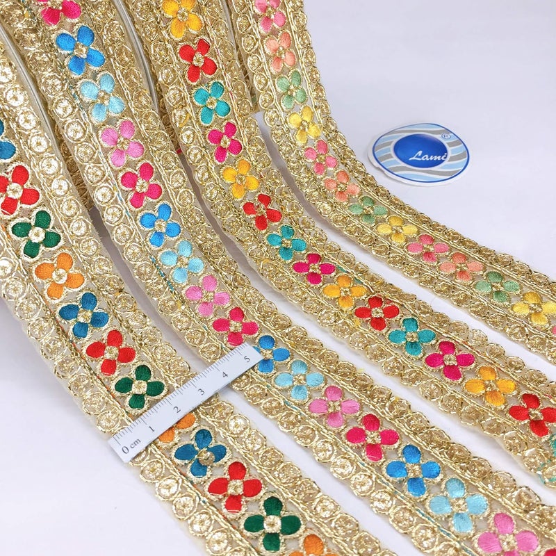 Lami - 9 Mts. Multi Resham Embroidery Border & Gold Cord Work, Designer Saree Lace, Embroidery On Tissue Fabric, Bridal Lehenga, Saree Dupatta, Suit, Anarkali Border, Indian Trims, Fashion Sari Border - Image 2