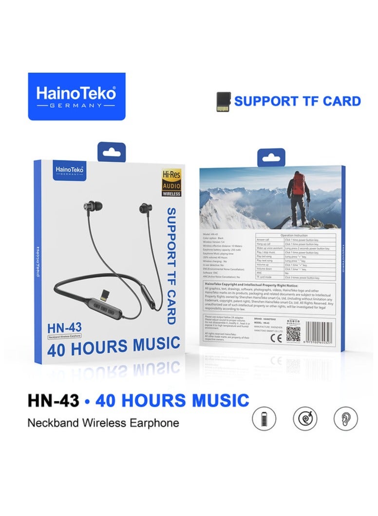 Haino Teko HN-43 Wireless Neckband Earphones – 40H Playtime, TF Card Support, Black - Image 1