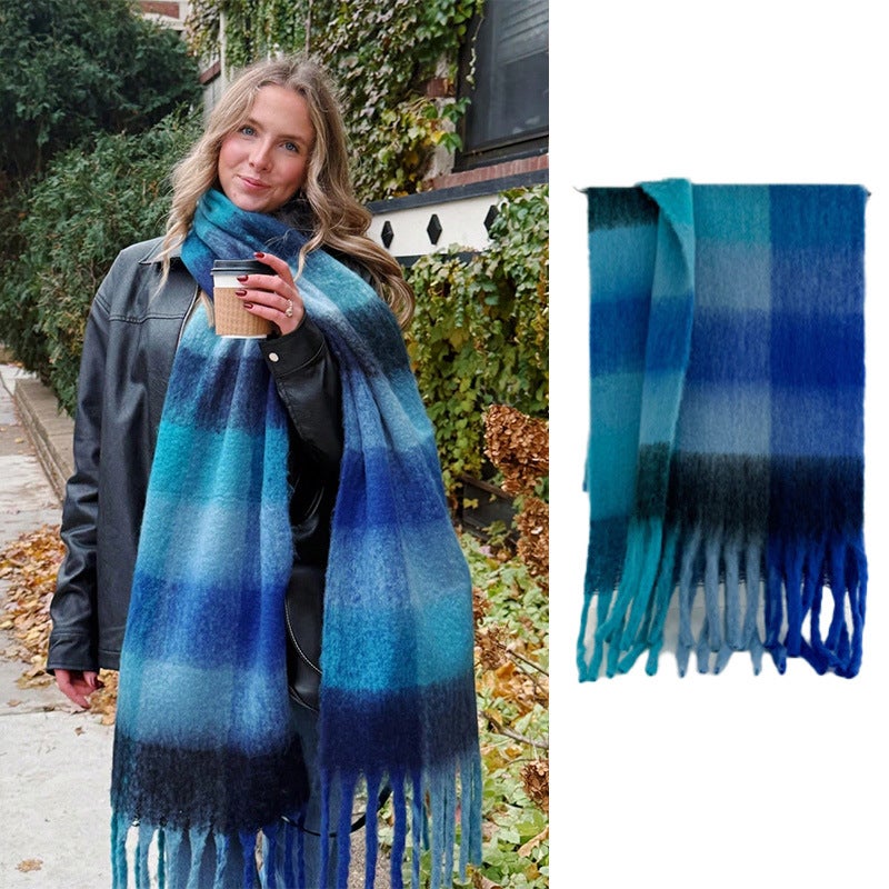 2025 Export New Warm Rainbow Color Plaid Scarf and Autumn and Winter Warm Soft Waxy Mohair Scarf - Image 3