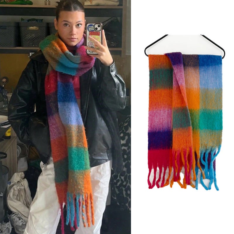 2025 Export New Warm Rainbow Color Plaid Scarf and Autumn and Winter Warm Soft Waxy Mohair Scarf - Image 2