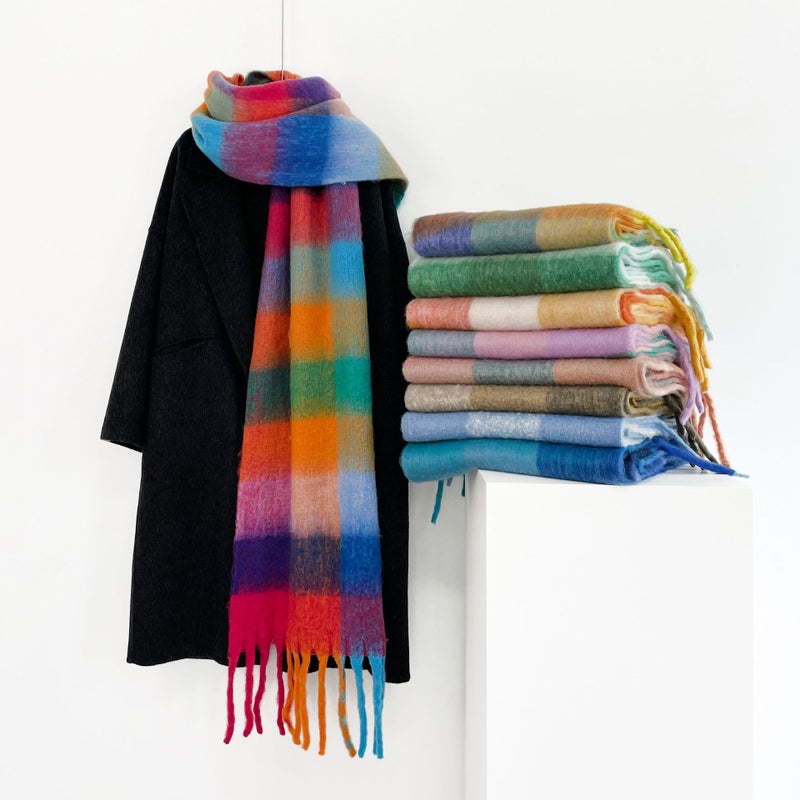 2025 Export New Warm Rainbow Color Plaid Scarf and Autumn and Winter Warm Soft Waxy Mohair Scarf - Image 4