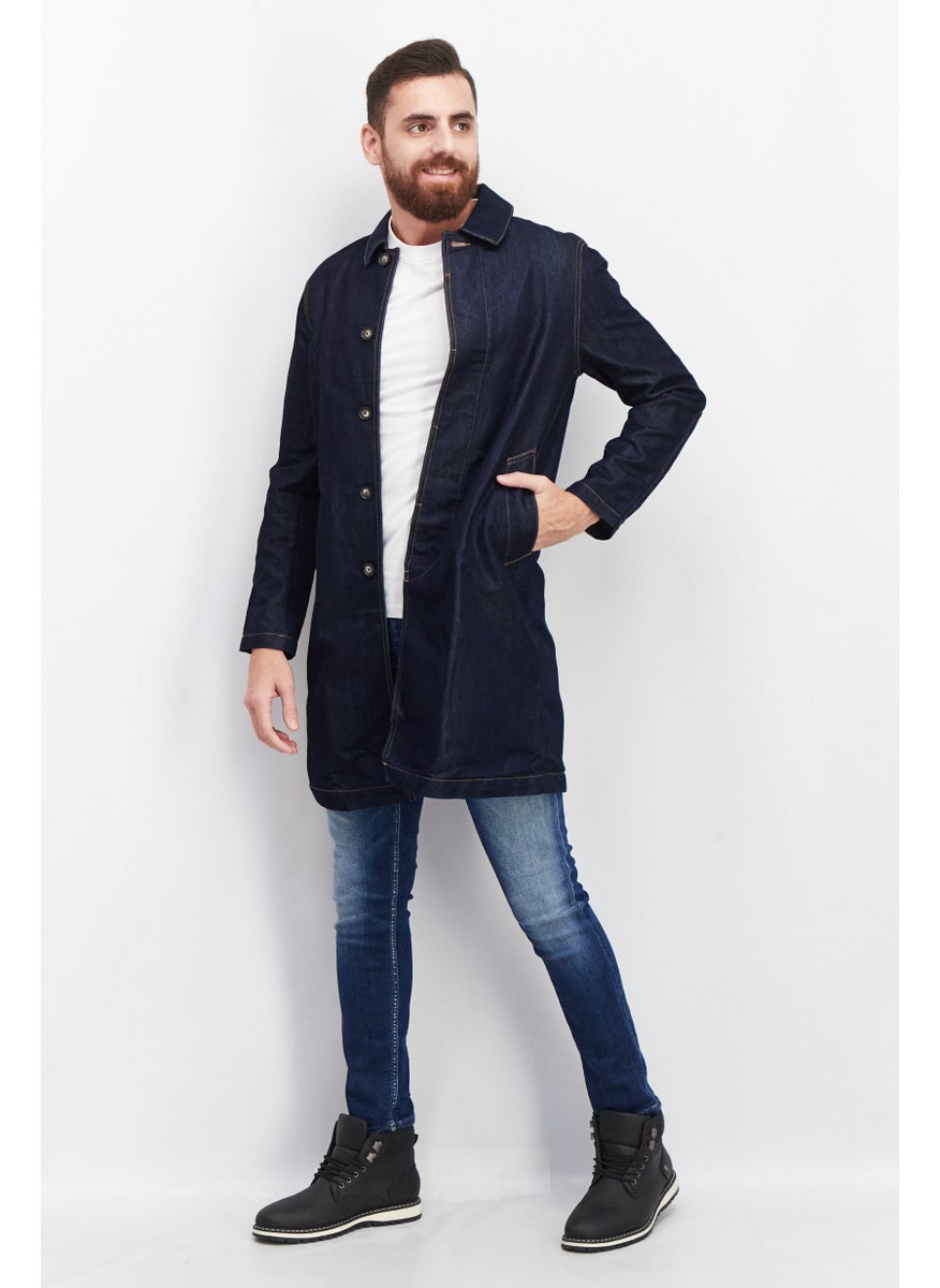 Raw Denim Society - Men Solid Long Denim Jacket, Blue - Image 1
