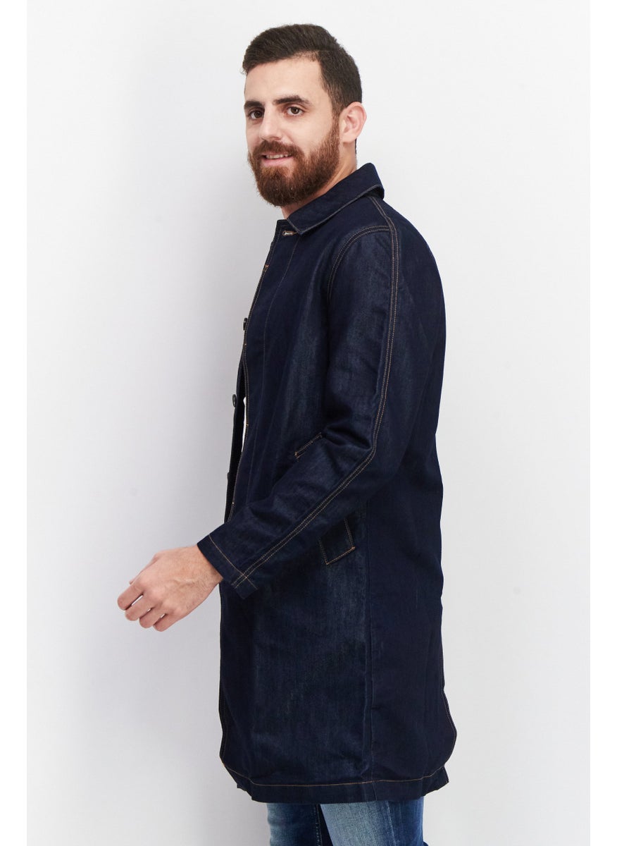 Raw Denim Society - Men Solid Long Denim Jacket, Blue - Image 1