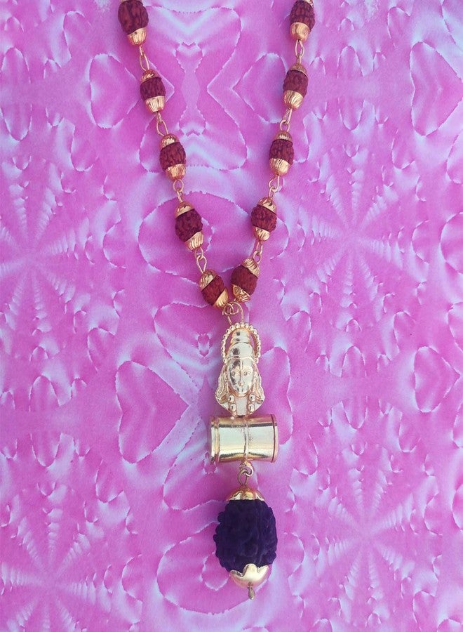 Sullery Beautiful Great Hindu God Hanuman Locket with Panchmukhi Rudraksha Mala Gold-Plated Brass, Wood Gold Brown Brass, Wood Necklace Pendant for Men and Women - Image 2