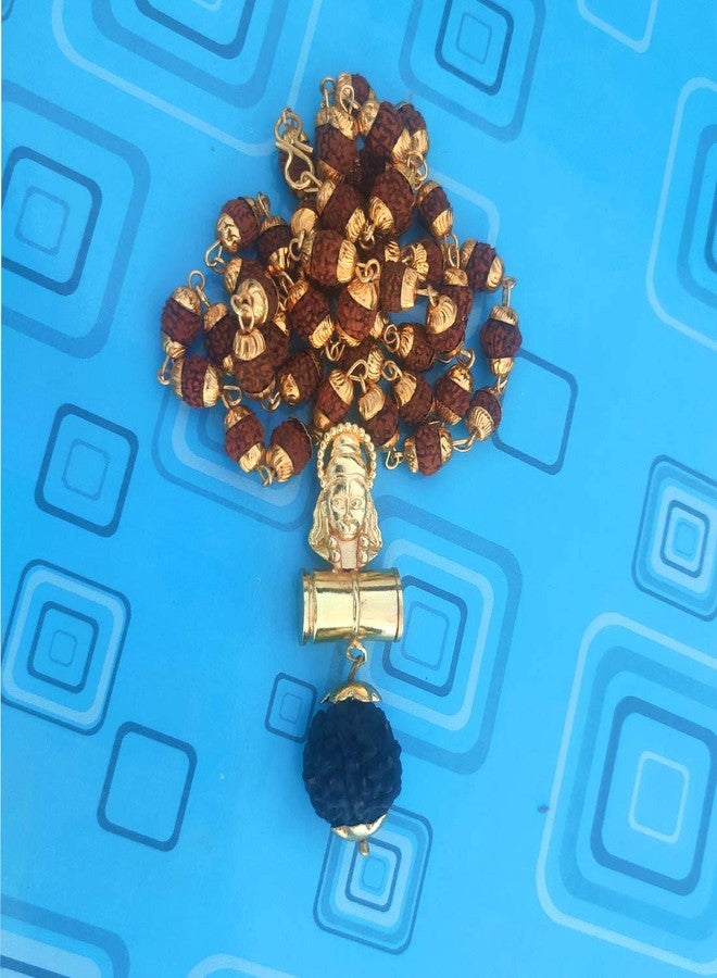 Sullery Beautiful Great Hindu God Hanuman Locket with Panchmukhi Rudraksha Mala Gold-Plated Brass, Wood Gold Brown Brass, Wood Necklace Pendant for Men and Women - Image 3