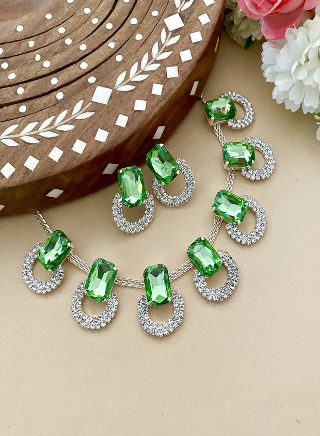 Varnii Crystal Stone Studded Necklace Set for Women & Girls | Premium Bridal Wedding Jewelry Set with Matching Earrings | Designer Party Fashion Jewellery for Engagement, Festive & Special Occasions (White, Medium, Parrot Green) - Image 2
