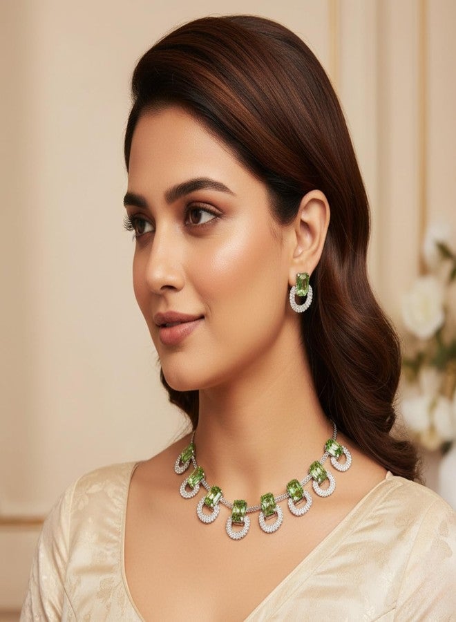 Varnii Crystal Stone Studded Necklace Set for Women & Girls | Premium Bridal Wedding Jewelry Set with Matching Earrings | Designer Party Fashion Jewellery for Engagement, Festive & Special Occasions (White, Medium, Parrot Green) - Image 3