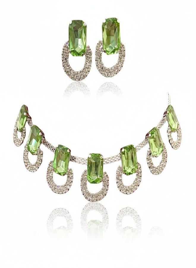 Varnii Crystal Stone Studded Necklace Set for Women & Girls | Premium Bridal Wedding Jewelry Set with Matching Earrings | Designer Party Fashion Jewellery for Engagement, Festive & Special Occasions (White, Medium, Parrot Green) - Image 1