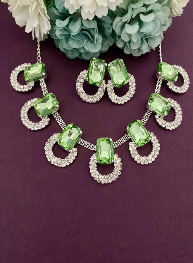 Varnii Crystal Stone Studded Necklace Set for Women & Girls | Premium Bridal Wedding Jewelry Set with Matching Earrings | Designer Party Fashion Jewellery for Engagement, Festive & Special Occasions (White, Medium, Parrot Green) - Image 4
