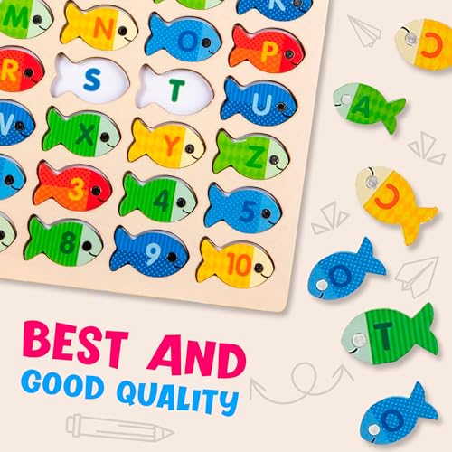 Lefan Wooden Magnetic Fishing Game Toddlers Montessori Motor Skills Toy Letters Numbers Color Sorting Mat Preschool Learning ABC Puzzle Birthday Toys Gift for 3 4 5 6 7+ Year Kids - Image 3