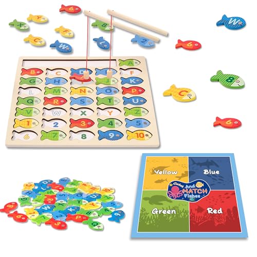 Lefan Wooden Magnetic Fishing Game Toddlers Montessori Motor Skills Toy Letters Numbers Color Sorting Mat Preschool Learning ABC Puzzle Birthday Toys Gift for 3 4 5 6 7+ Year Kids - Image 1