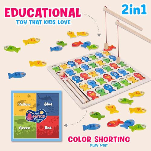 Lefan Wooden Magnetic Fishing Game Toddlers Montessori Motor Skills Toy Letters Numbers Color Sorting Mat Preschool Learning ABC Puzzle Birthday Toys Gift for 3 4 5 6 7+ Year Kids - Image 5