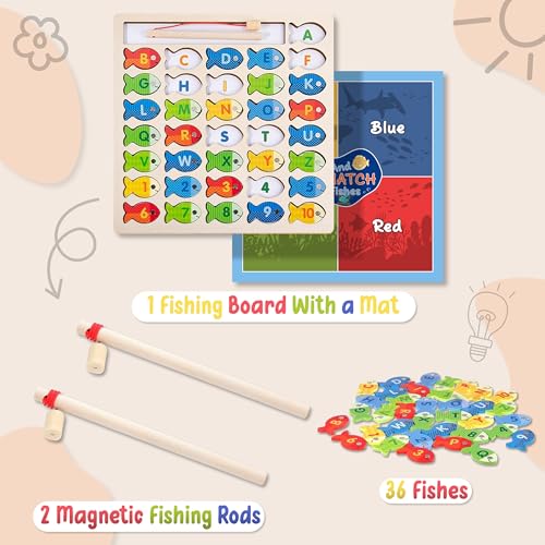 Lefan Wooden Magnetic Fishing Game Toddlers Montessori Motor Skills Toy Letters Numbers Color Sorting Mat Preschool Learning ABC Puzzle Birthday Toys Gift for 3 4 5 6 7+ Year Kids - Image 2