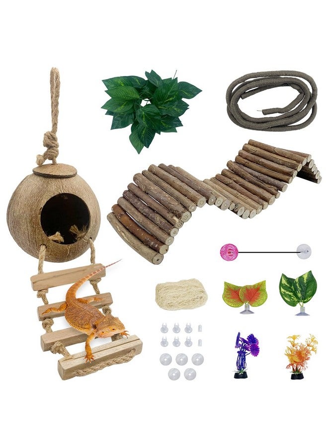 Hamiledyi Hamiledyi Leopard Gecko Tank Accessories, 10 Pcs Reptile Vines Plants with Coconut Shell Ladder Hideout Hut Hermit Crab Decor for Bearded Dragon Lizard Chameleon Tortoise Snake Play Rest - Image 1