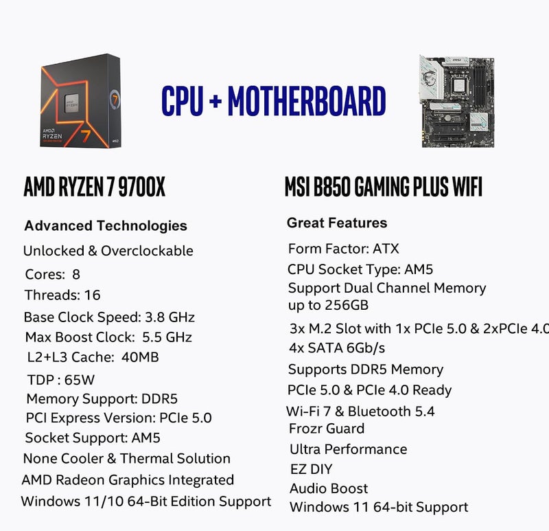 Micro Center AMD Ryzen 7 9700X CPU Processor with MSI B850 Gaming Plus WiFi Motherboard (ATX, AM5, DDR5, PCIe 5.0, M.2 Gen5, Wi-Fi 7, 5G LAN) - Image 2