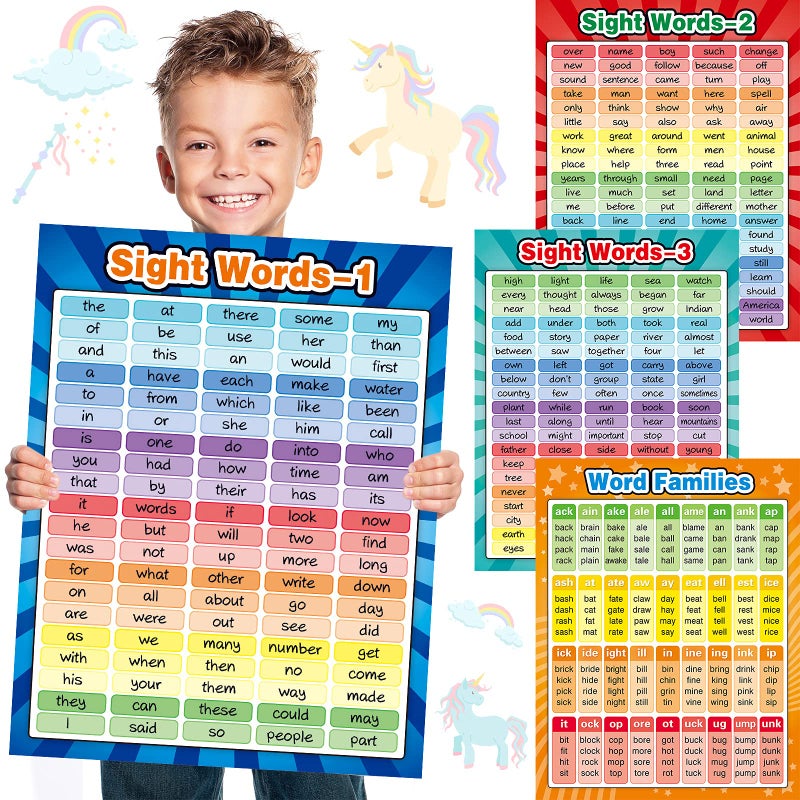 Yisong 4 Sheets Sight Words Poster Extra Large Educational Posters and Word Families Posters Educational Chart Posters Classroom Posters and Learning Posters for Preschool, Classroom, Homeschool, Playroom - Image 1