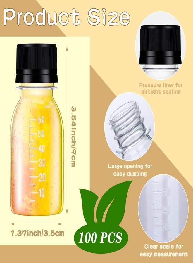 Barafat 100 Pcs 2 oz Plastic Juice Shot Bottles with Caps, Clear Ginger Shots Bottles with Lids, Mini Jar for Liquids with Scale and Labels Portable Mini Containers for Ginger Juice Milk (Black Caps, 2OZ) - Image 2